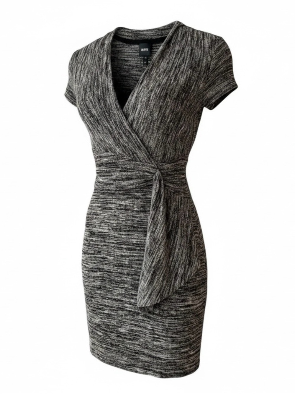 Anthropologie Mauve Marled Black Gray Knit Faux Wrap Dress Stretch Heather Mini